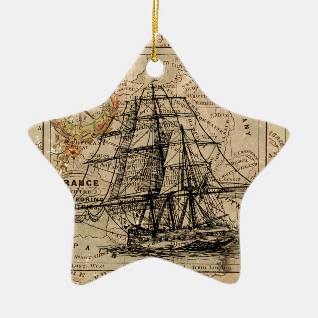 Antique Old General France Map & Ship Ceramic Tree Decoration (Front)