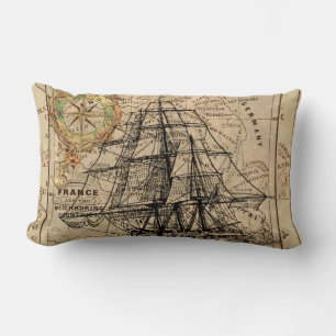 Antique Old General France Map & Ship Lumbar Cushion
