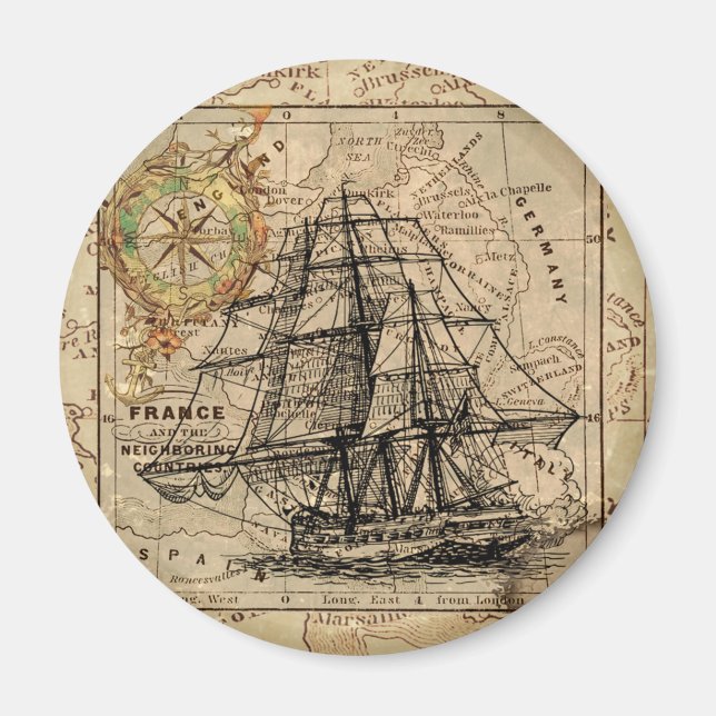 Antique Old General France Map & Ship Magnet (Front)