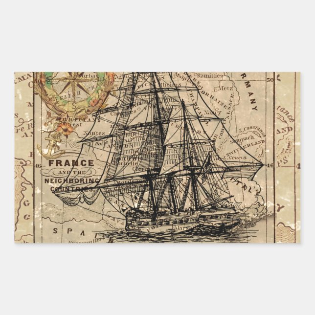 Antique Old General France Map & Ship Rectangular Sticker (Front)