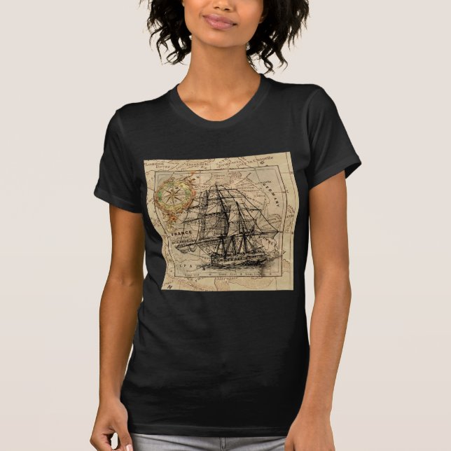 Antique Old General France Map & Ship T-Shirt (Front)