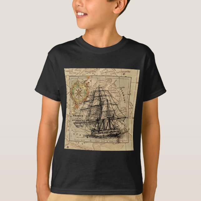 Antique Old General France Map & Ship T-Shirt (Front)