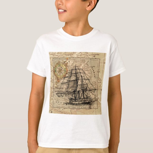 Antique Old General France Map & Ship T-Shirt (Front)