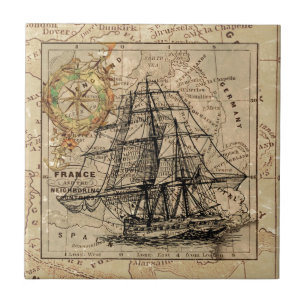 Antique Old General France Map & Ship Tile