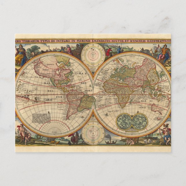 Antique old rare and historic world map postcard (Front)