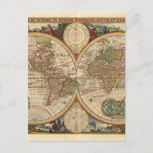 Antique old rare and historic world map postcard (Front)