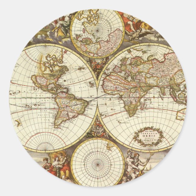 Antique Old World Map by Frederick de Wit, c. 1680 Classic Round Sticker (Front)