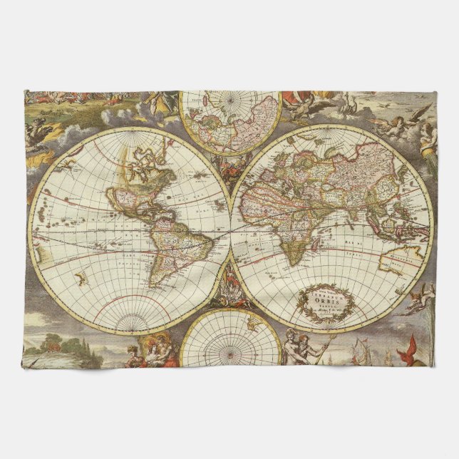 Antique Old World Map by Frederick de Wit, c. 1680 Tea Towel (Horizontal)