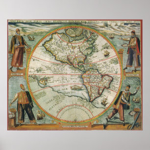 Antique Old World Map of the Americas, 1597 Poster