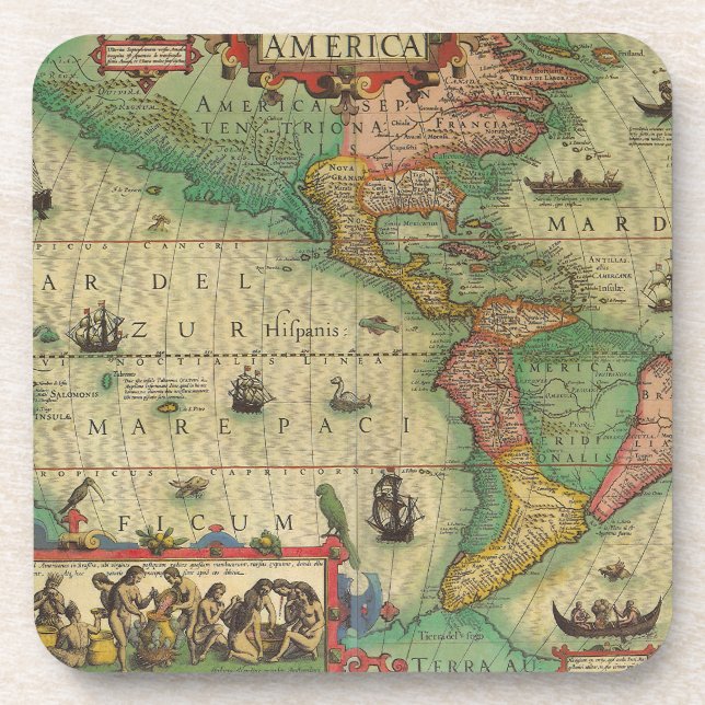 Antique Old World Map of the Americas, 1606 Coaster (Front)