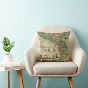 Antique Old World Map of the Americas by Hondius Cushion