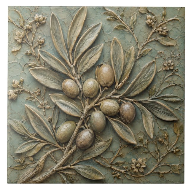 Antique Olive Branch Botanical Faux Relief Tile (Front)