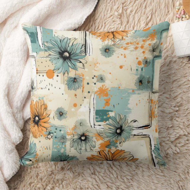 Antique Orange Blue Botanical Floral Cream Cushion (Blanket)