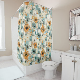 Antique Orange Blue Botanical Floral Cream Shower Curtain