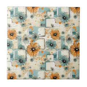Antique Orange Blue Botanical Floral Cream Tile