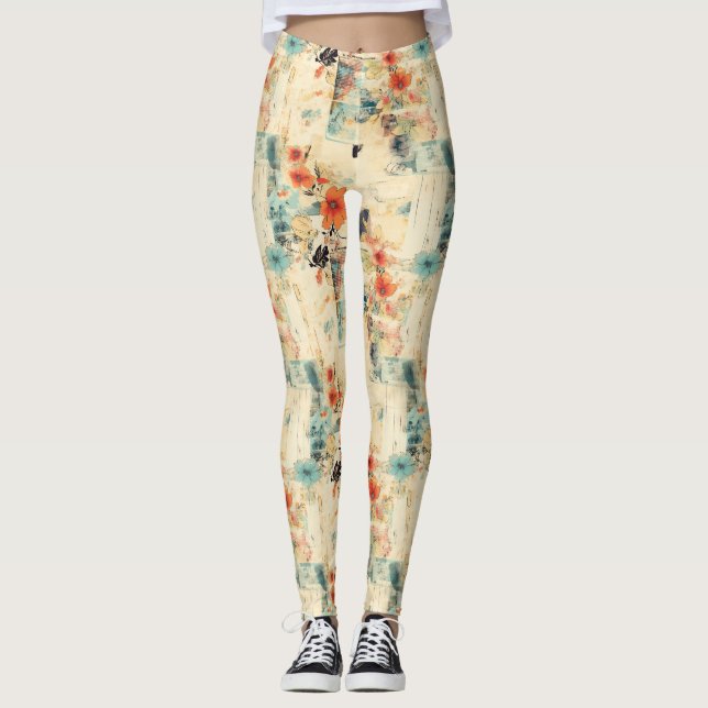 Antique Orange Blue Floral Faded Ephemera Leggings (Front)