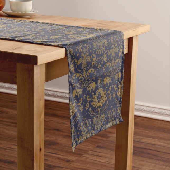Antique Oriental Chinese Elephants Pattern Print Short Table Runner (In Situ)