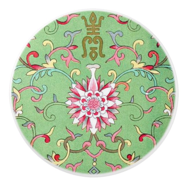 Antique oriental floral ceramic knob (Front)