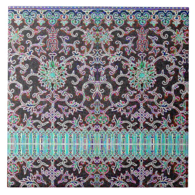 Antique oriental floral pattern purple teal tile (Front)