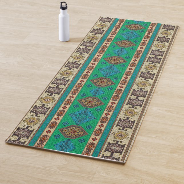 Antique Oriental Green Turkish Ottoman Kilim Rug Yoga Mat (In Situ)