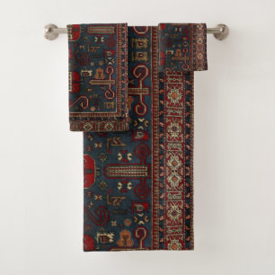 Antique Oriental Red Slate Grey Persian Carpet Bath Towel Set