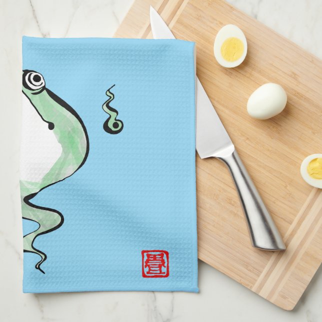 Antique Origin Story Grumpy Frog Japanese Toad Tea Towel (Quarter Fold)