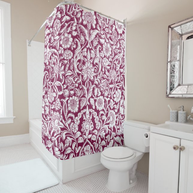 Antique Ornamental Floral white on red Shower Curtain (In Situ)