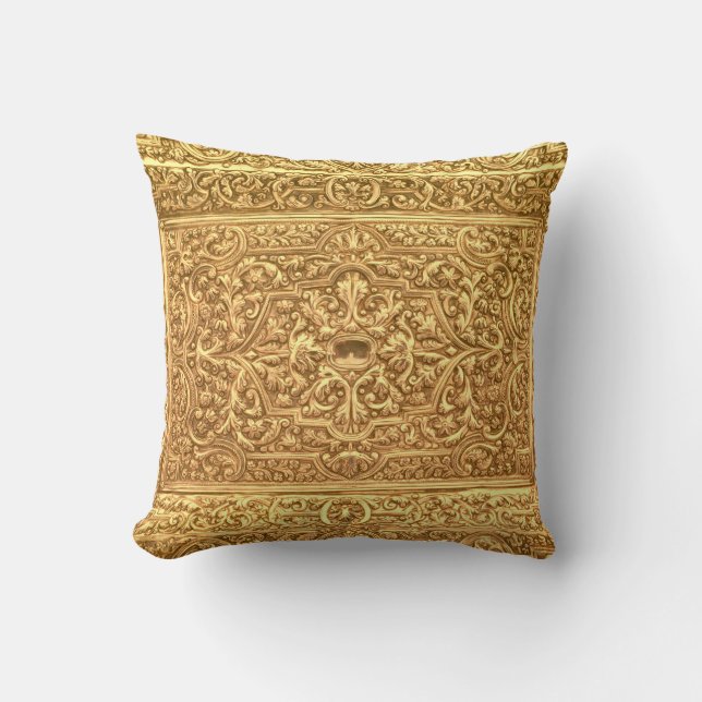 Antique Ornamental Golden Floral Pattern Cushion (Front)
