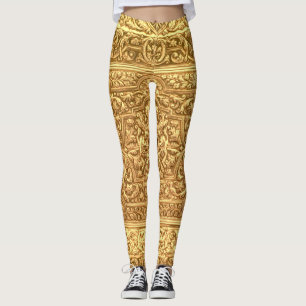 Antique Ornamental Golden Floral Pattern Leggings
