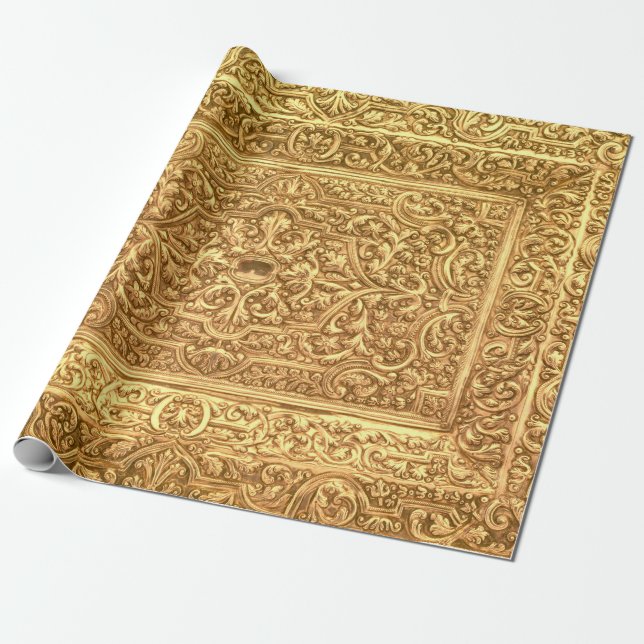 Antique Ornamental Golden Floral Pattern Wrapping Paper (Unrolled)