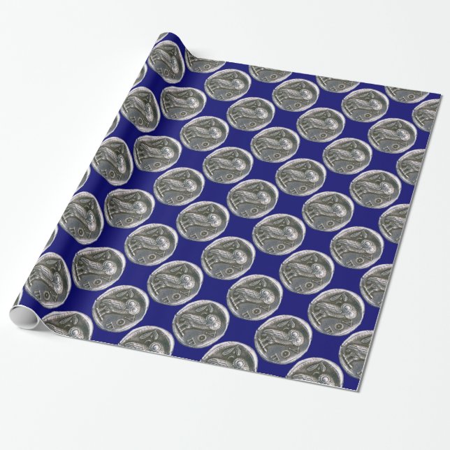 ANTIQUE OWL blue Wrapping Paper (Unrolled)