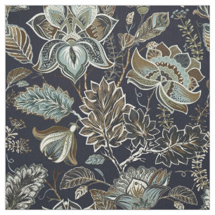 Antique Paisley flowers black background pattern Fabric