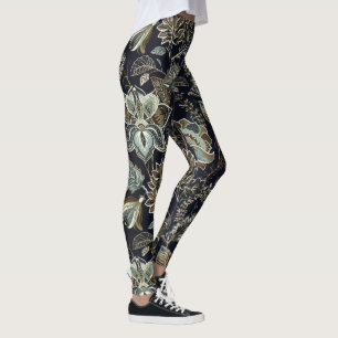 Antique Paisley flowers black background pattern Leggings