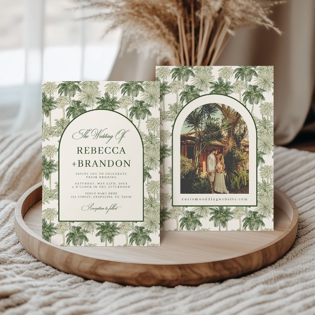 Antique Palm Tree Toile De Jouy Beach Wedding Invitation (Creator Uploaded)
