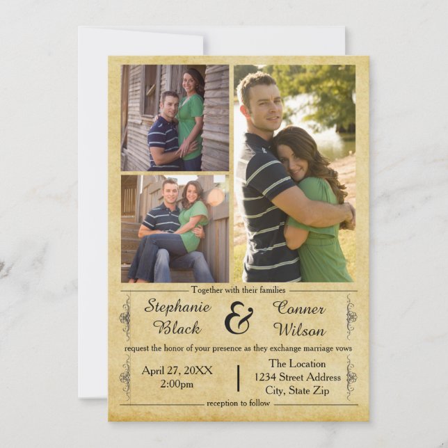 Antique Paper 3 Photos - Wedding Invitation (Front)