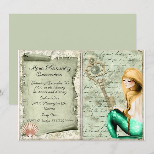Antique Paper Mermaid Quinceañera  Invitation (Front/Back)