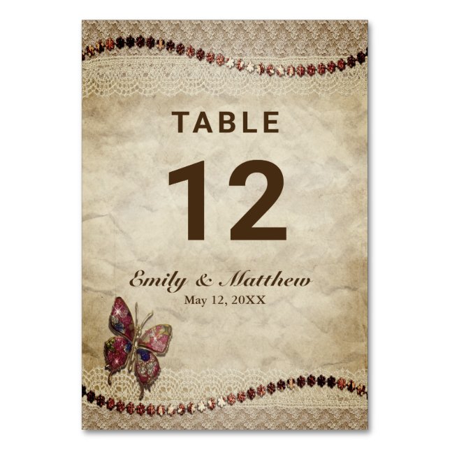 Antique Parchment, Lace, Beads, Butterfly Wedding Table Number (Front)