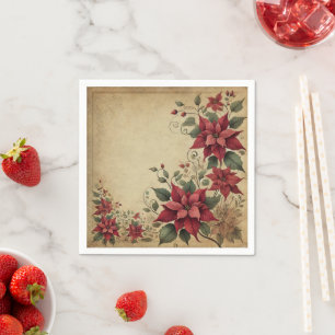 Antique Parchment Poinsettia Border Découpage Napkin