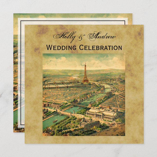 Antique Paris Distressed BG SQ Wedding Invitation (Front/Back)