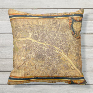 Antique Paris Map 1765 Worn Edge Vintage France Cushion