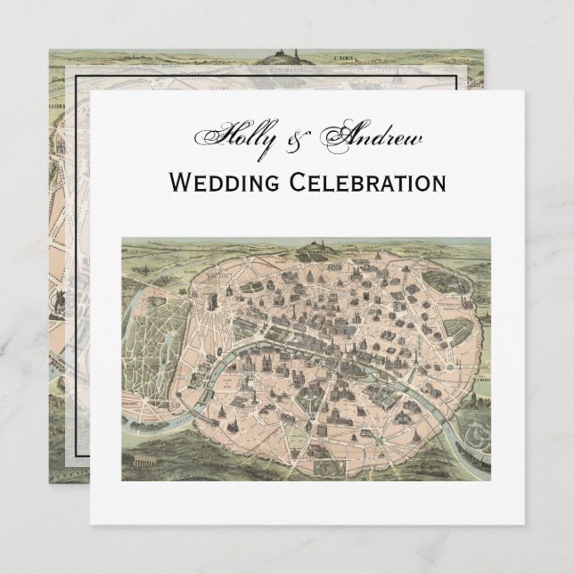 Antique Paris Map, DIY BG SQ Wedding Invitation (Front/Back)
