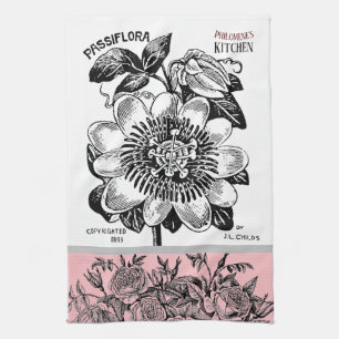 Antique Passion Flower - Your Choice of Text Pink Tea Towel