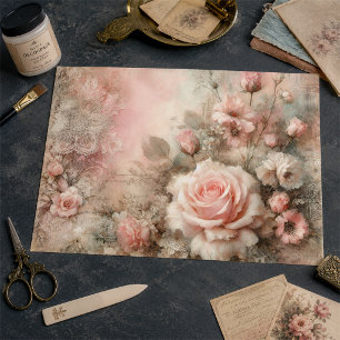 Antique Pastel Pink Rose Bouquet Decoupage Tissue Paper