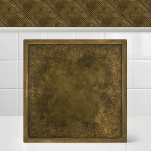 Antique Patinated Brass Engraved Damask Pattern Tile