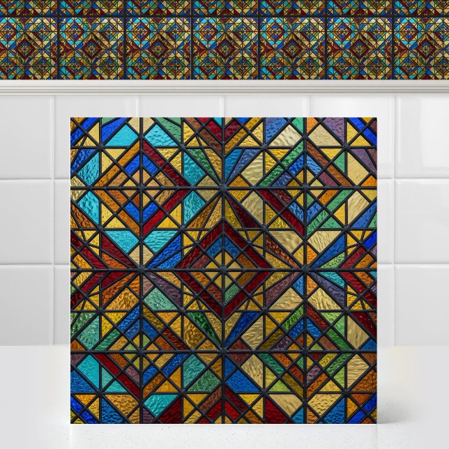 Antique Pattern Cathedral Diamond Stained Glass Tile (Antique Pattern Colorful Cathedral Diamond Stained Glass Ceramic Tile)