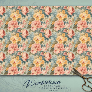 Antique Peach Rose and Sage Green Floral Decoupage Tissue Paper