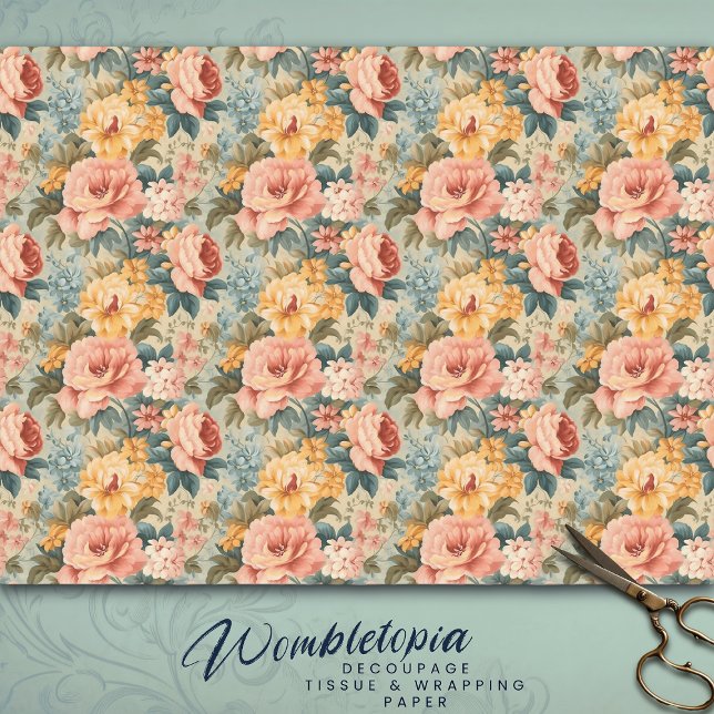 Antique Peach Rose and Sage Green Floral Decoupage Tissue Paper (Creator Uploaded)