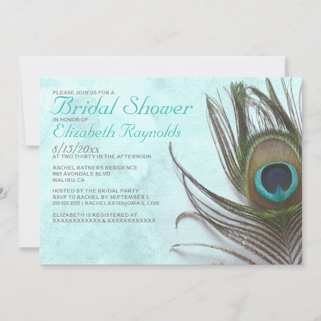 Antique Peacock Feather Bridal Shower Invitations (Front)