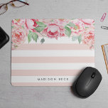 Antique Peony & Blush Pink Stripe Mouse Pad<br><div class="desc">Modern peony floral mousepad features chic pastel blush pink stripes with a bouquet of blush and sage watercolor peonies blooming from the top. Personalise with a name,  monogram or message using the field provided.</div>