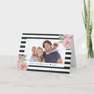 Antique Peony Charcoal Stripe Mother's Day Photo Card